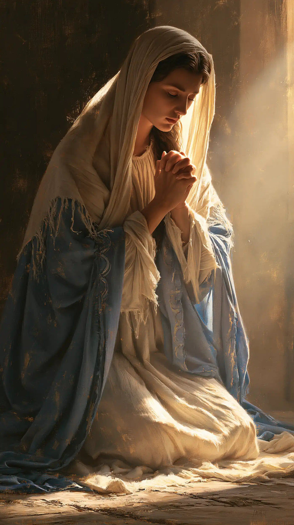 the Virgin Mary absorbed in prayer in Sacred Maternal Tenderness style, portrait Christian artwork no. 1