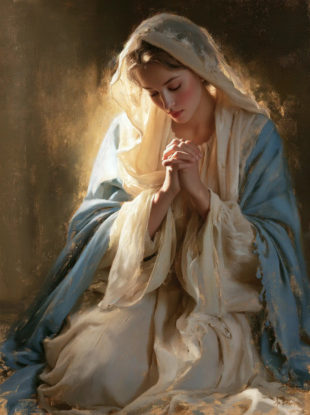 the Virgin Mary absorbed in prayer in Sacred Maternal Tenderness style, portrait Christian artwork no. 6