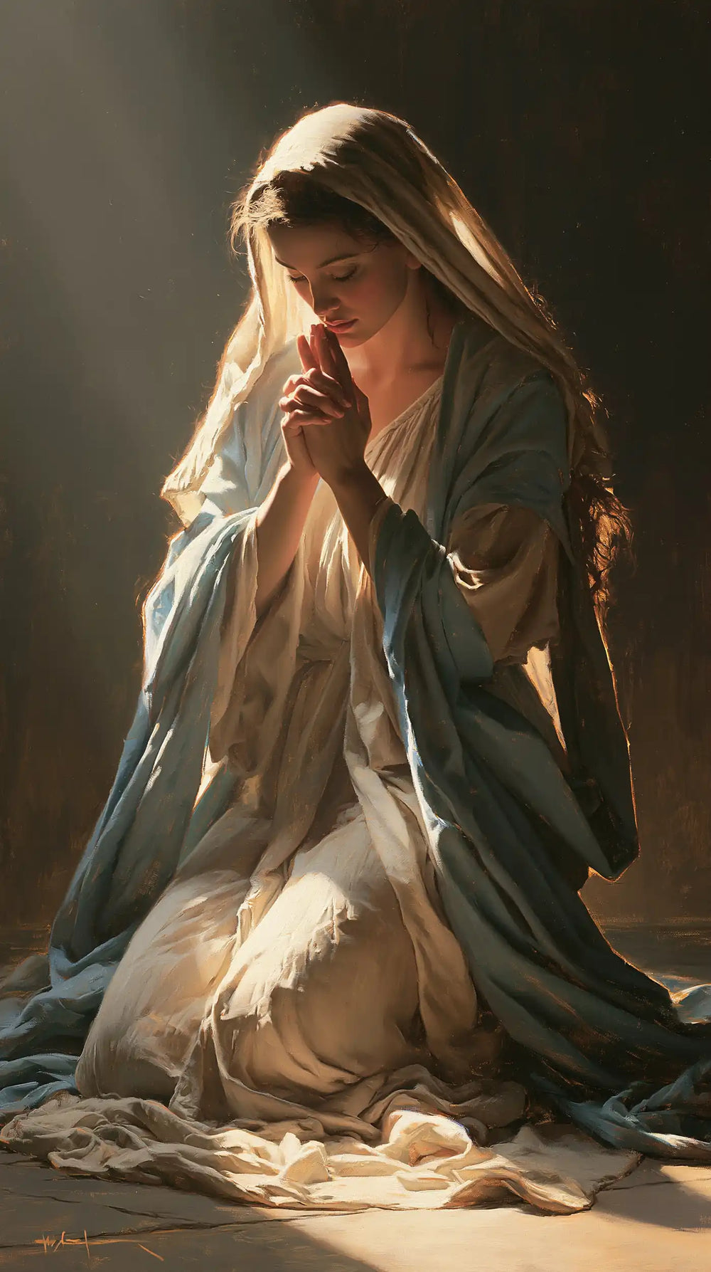 the Virgin Mary absorbed in prayer in Sacred Maternal Tenderness style, portrait Christian artwork no. 9
