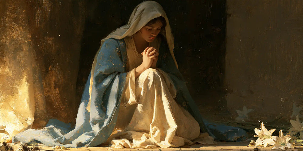 the Virgin Mary in prayer in Symbolist style, landscape Christian artwork no. 24