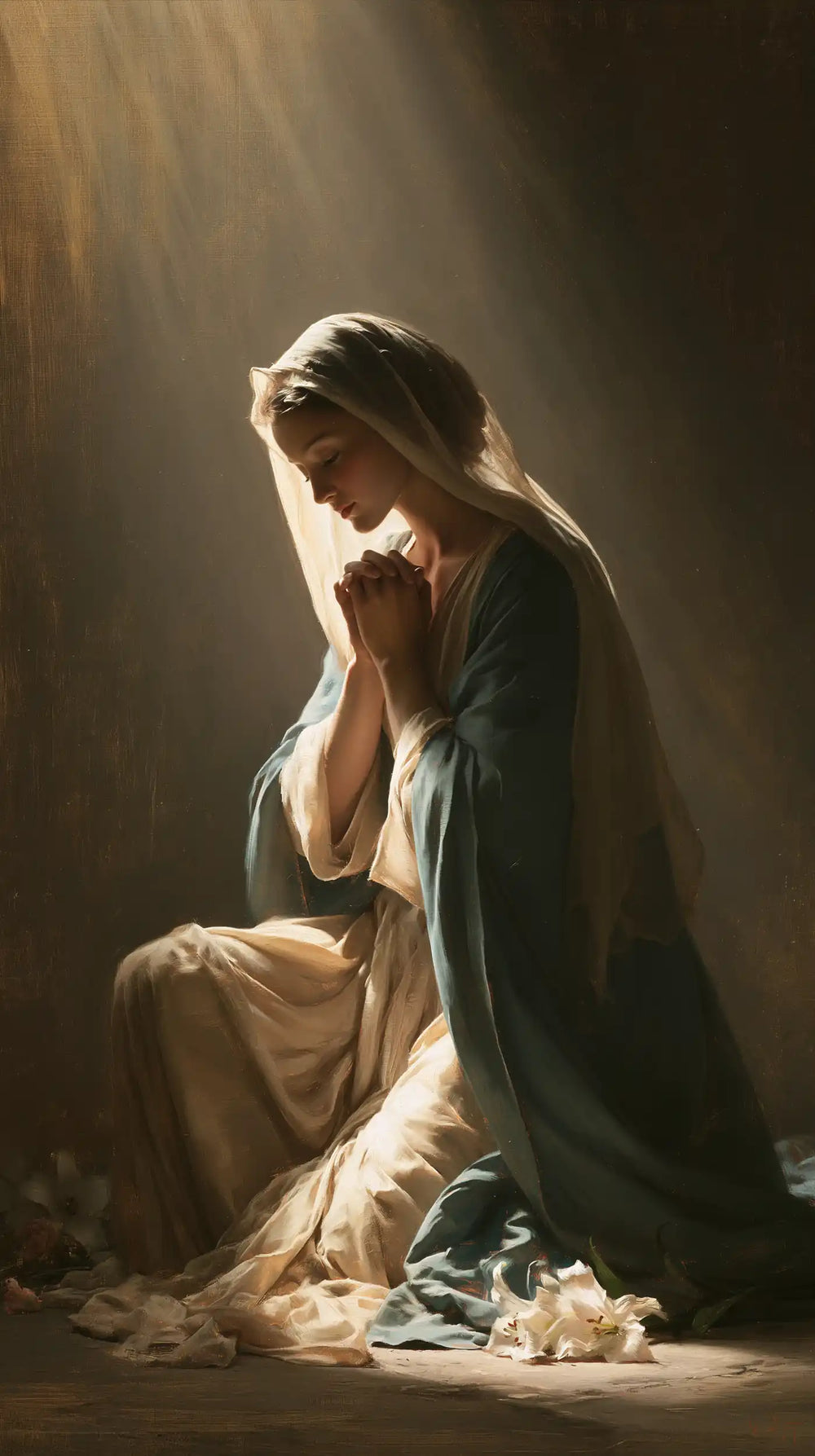 the Virgin Mary in prayer in Symbolist style, portrait Christian artwork no. 1