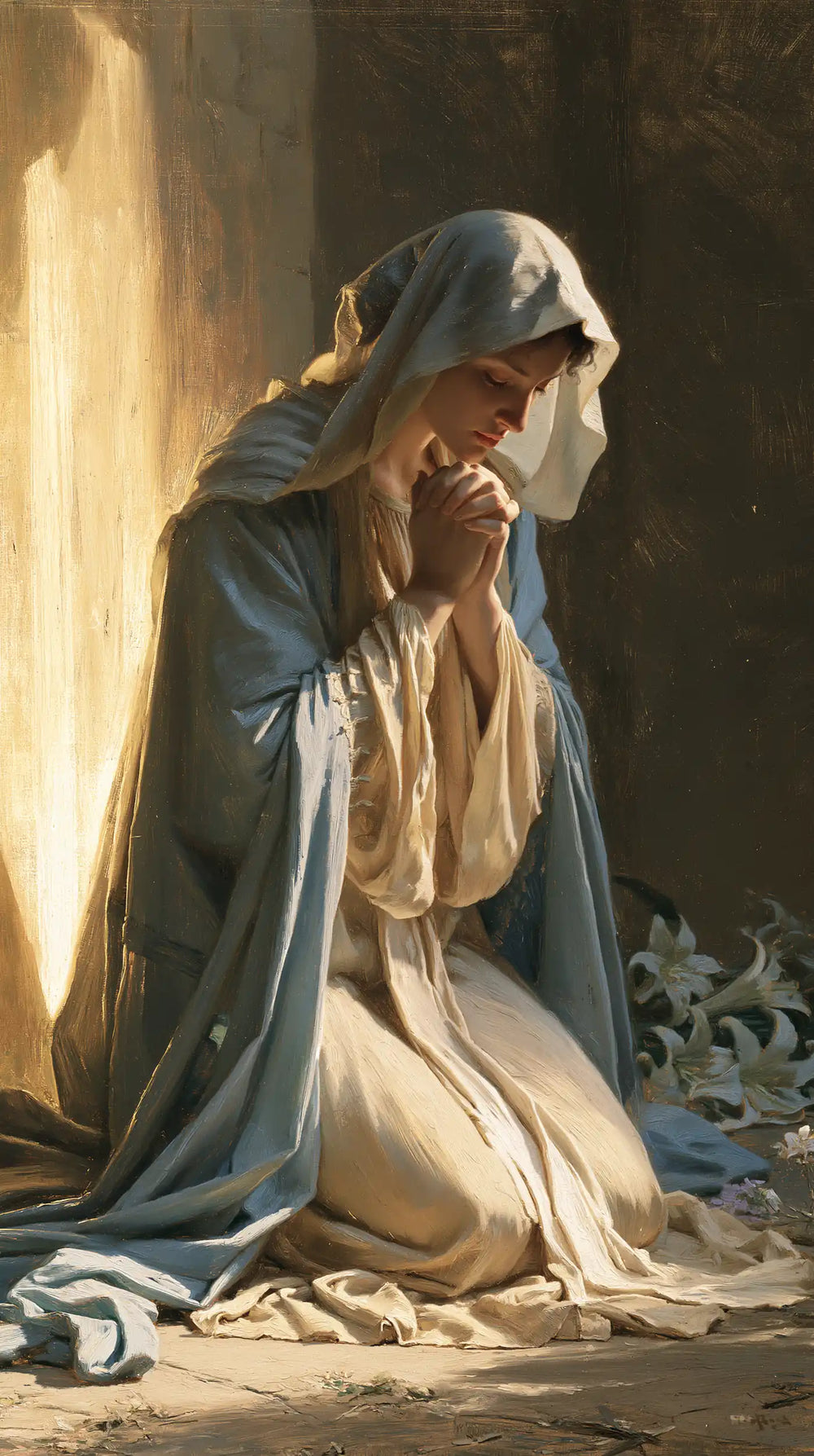 the Virgin Mary in prayer in Symbolist style, portrait Christian artwork no. 12