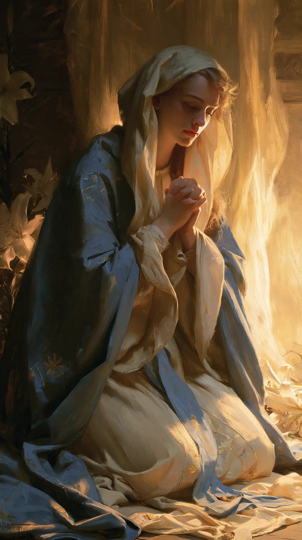 the Virgin Mary in prayer in Symbolist style, portrait Christian artwork no. 24