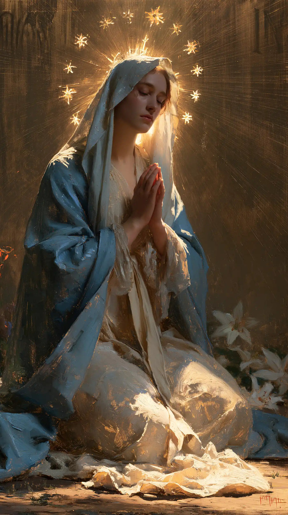 the Virgin Mary in prayer in Symbolist style, portrait Christian artwork no. 25