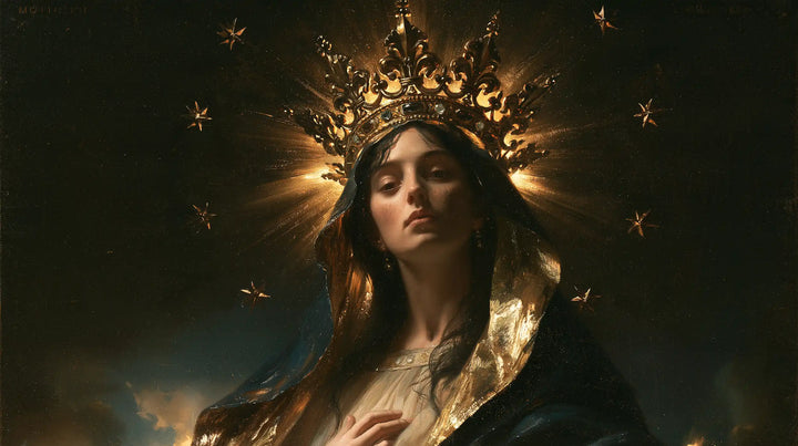 Mary, Queen of Heaven — The Crown Aflame in Blue Shadow