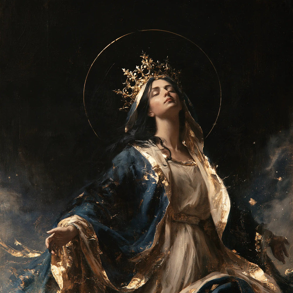 Mary crowned as Queen of Heaven in black and gold in Black and Gold style, square Christian artwork no. 4