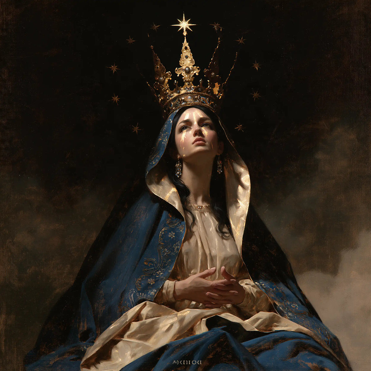 Mary crowned as Queen of Heaven in black and gold in Black and Gold style, square Christian artwork no. 6