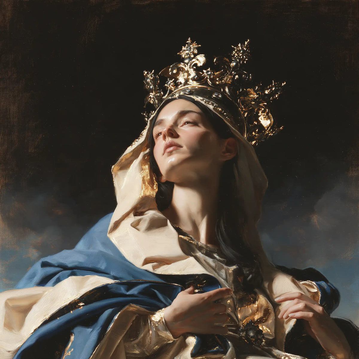 Mary crowned as Queen of Heaven in black and gold in Black and Gold style, square Christian artwork no. 8