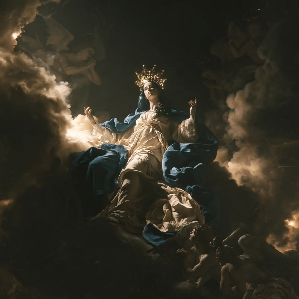 Mary as Queen of Heaven in dramatic chiaroscuro in Caravaggio Tenebrism style, square Christian artwork no. 2