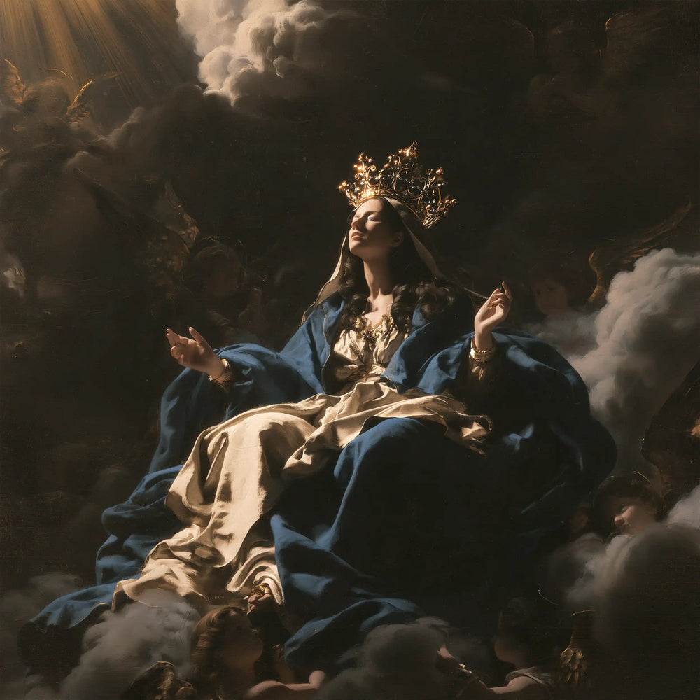 Mary as Queen of Heaven in dramatic chiaroscuro in Caravaggio Tenebrism style, square Christian artwork no. 4