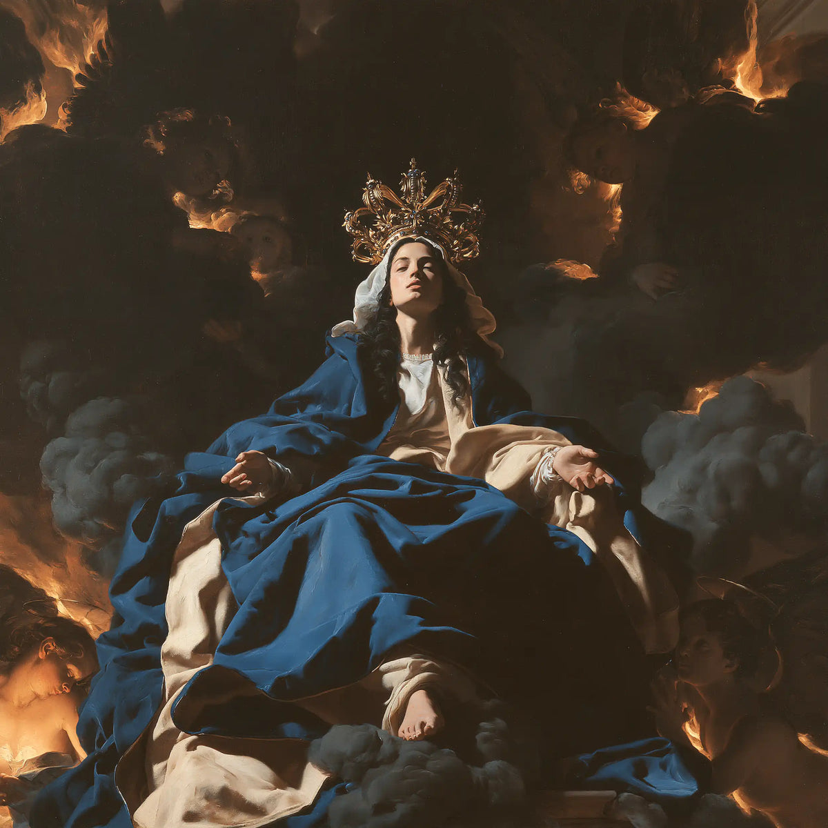 Mary as Queen of Heaven in dramatic chiaroscuro in Caravaggio Tenebrism style, square Christian artwork no. 6