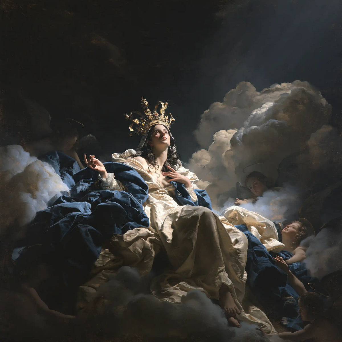 Mary as Queen of Heaven in dramatic chiaroscuro in Caravaggio Tenebrism style, square Christian artwork no. 7