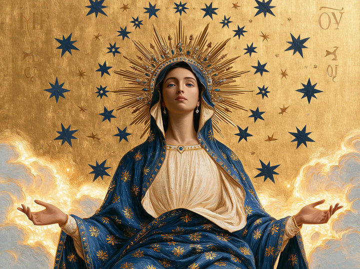 Mary, Queen of Heaven — Low Palms Beneath the Crown of Rays