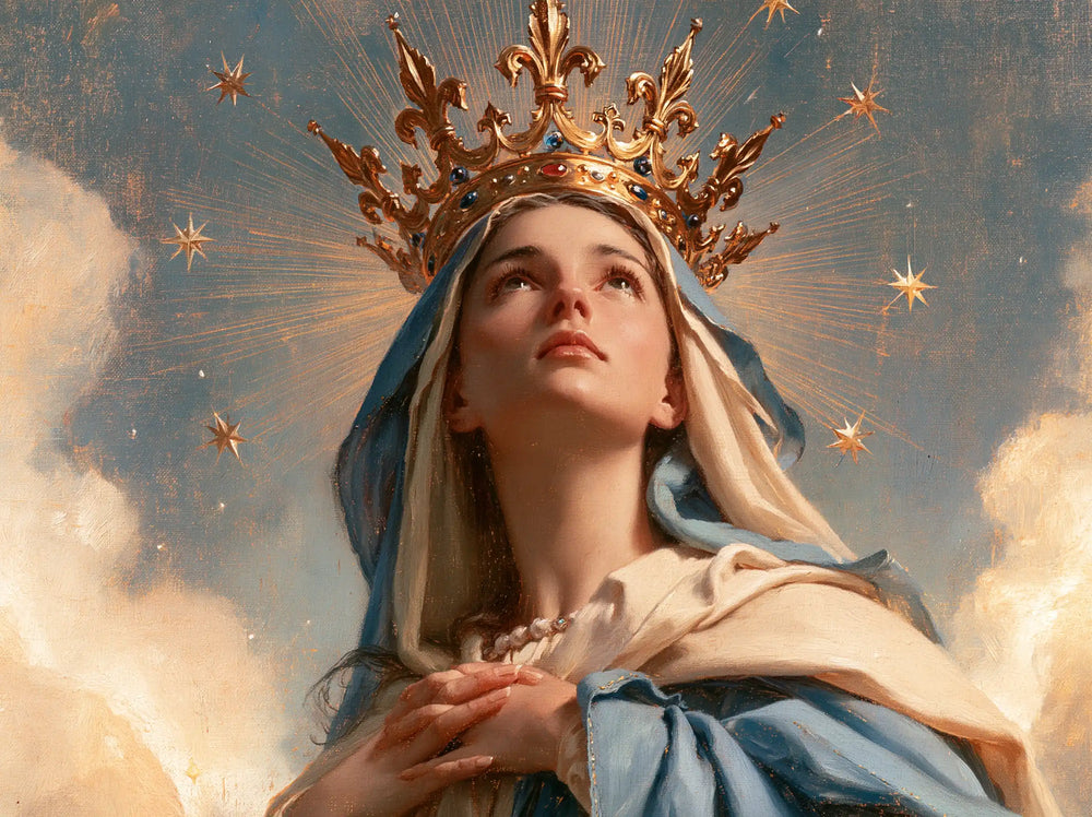 Mary with the heavenly crown as the central symbol in The Crown as Central Symbol style, landscape Christian artwork no. 2
