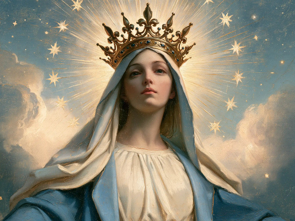 Mary with the heavenly crown as the central symbol in The Crown as Central Symbol style, landscape Christian artwork no. 8
