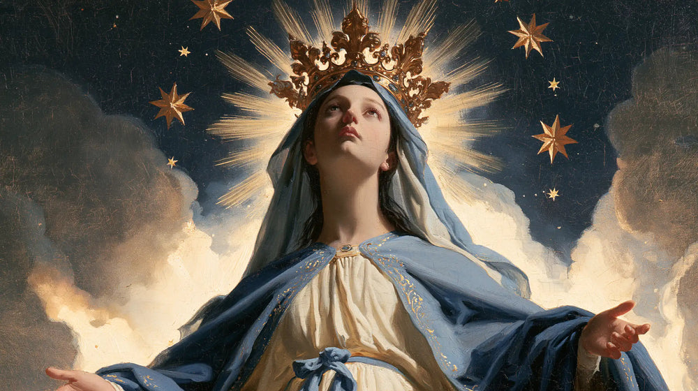 Mary with the heavenly crown as the central symbol in The Crown as Central Symbol style, landscape Christian artwork no. 17