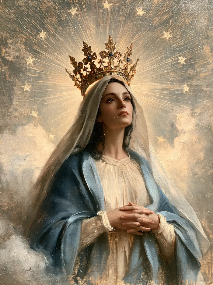 Mary, Queen of Heaven — Crossed Hands in Luminous Dust