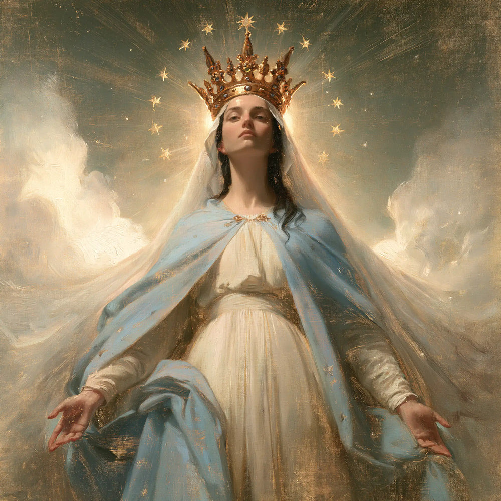 Mary with the heavenly crown as the central symbol in The Crown as Central Symbol style, square Christian artwork no. 4