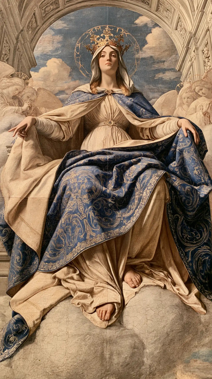 Mary, Queen of Heaven — Embroidered Blue at the Royal Seat’s Edge
