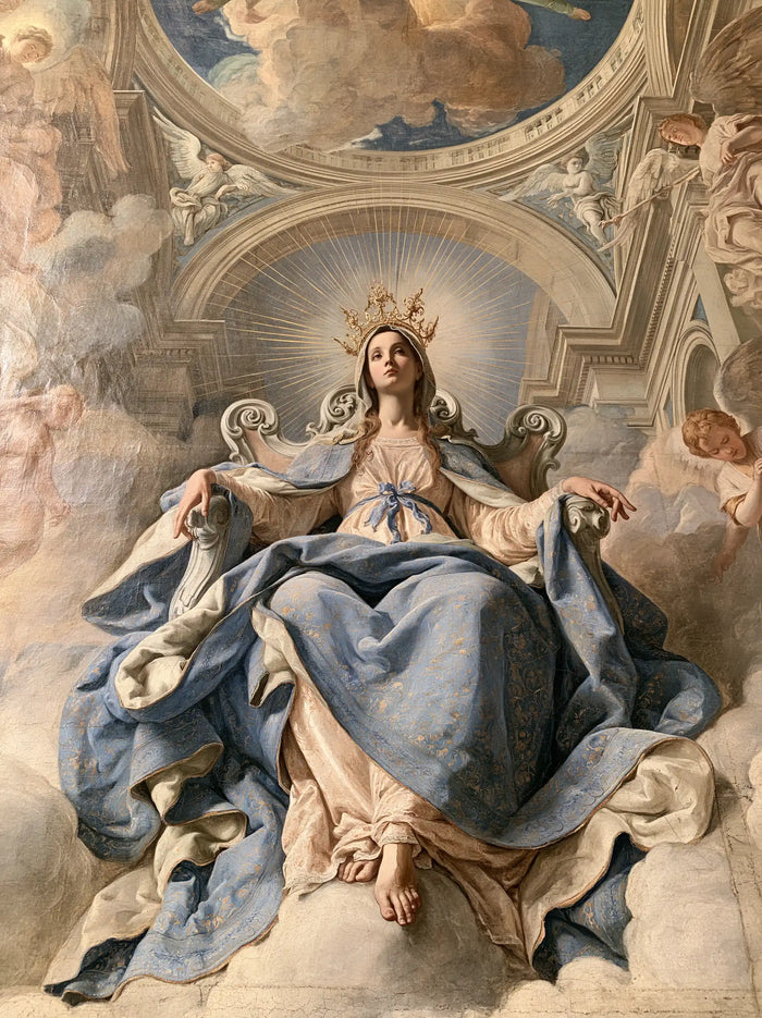 Mary, Queen of Heaven — The Bare Foot Beneath the Blue-Grey Cascade