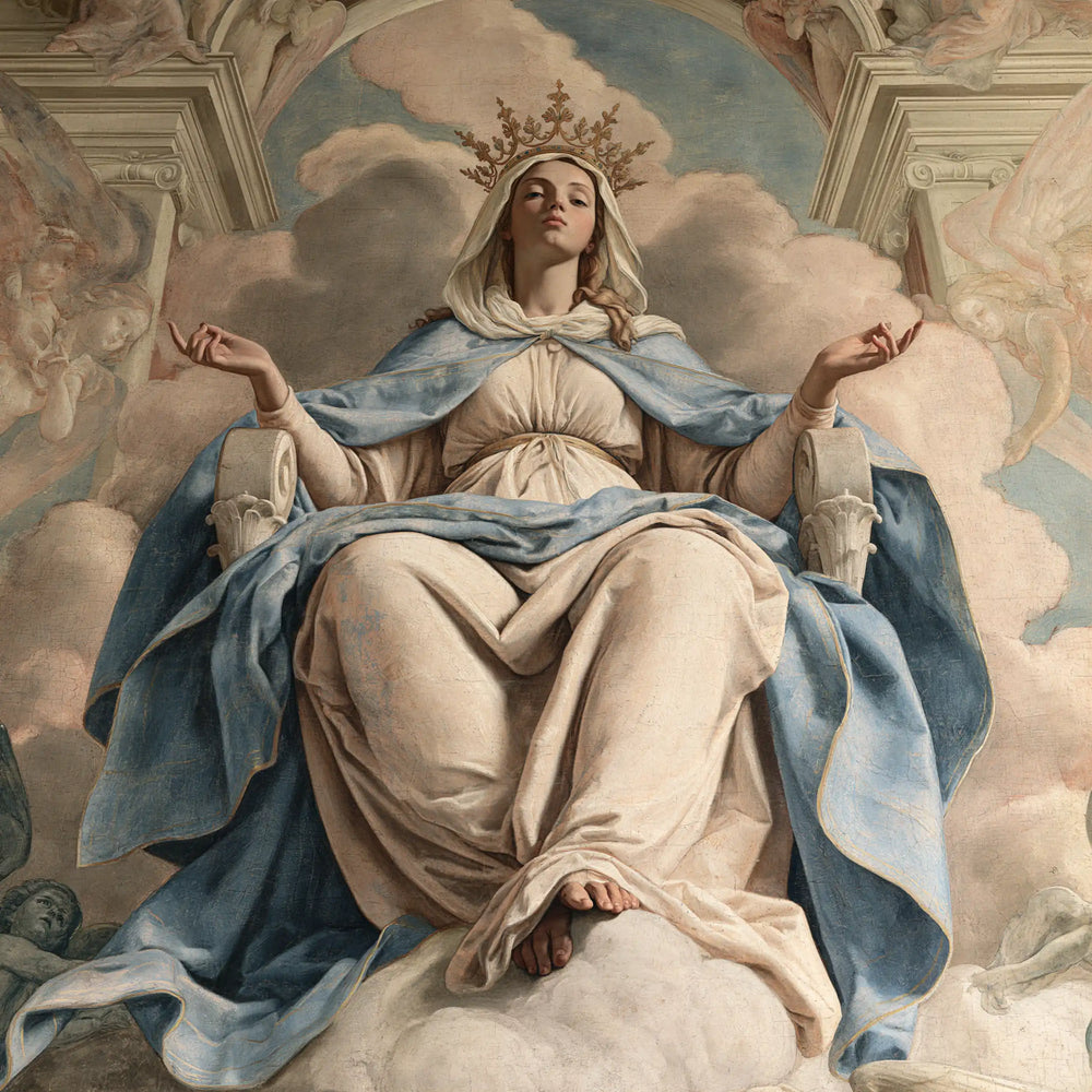 Mary crowned as Queen of Heaven in Florentine Renaissance style in Florentine Renaissance style, square Christian artwork no. 5