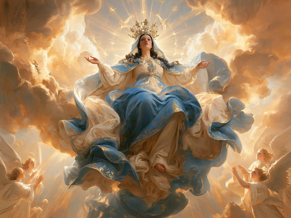 Mary glorified as Queen of Heaven in Heavenly Glory style, landscape Christian artwork no. 6