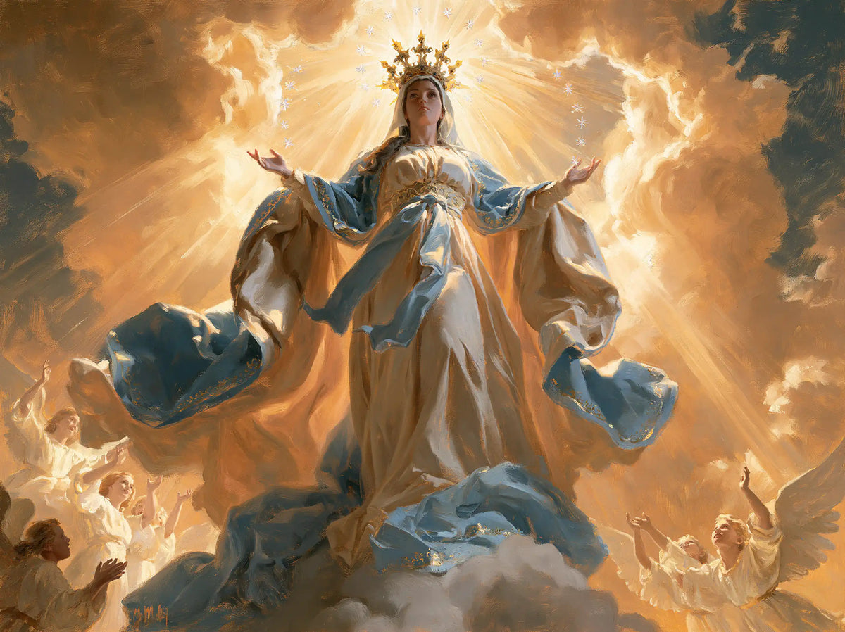 Mary glorified as Queen of Heaven in Heavenly Glory style, landscape Christian artwork no. 9