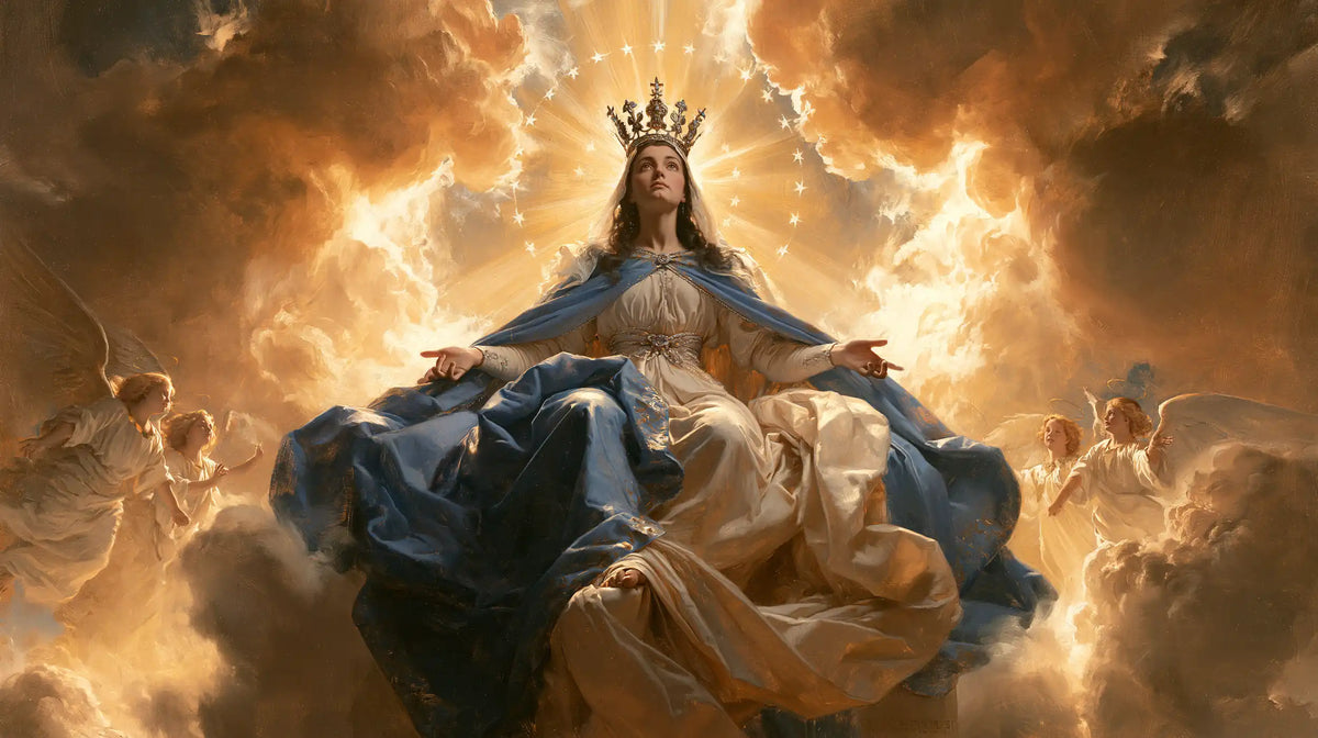 Mary glorified as Queen of Heaven in Heavenly Glory style, landscape Christian artwork no. 15