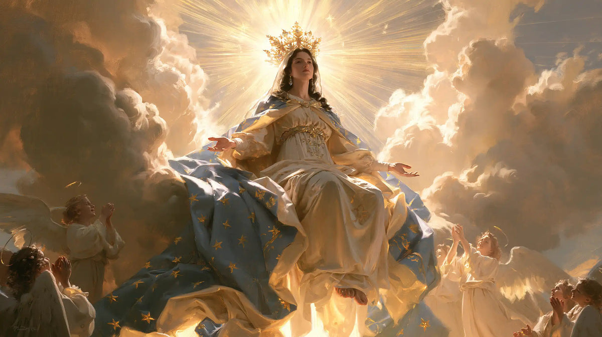 Mary glorified as Queen of Heaven in Heavenly Glory style, landscape Christian artwork no. 21
