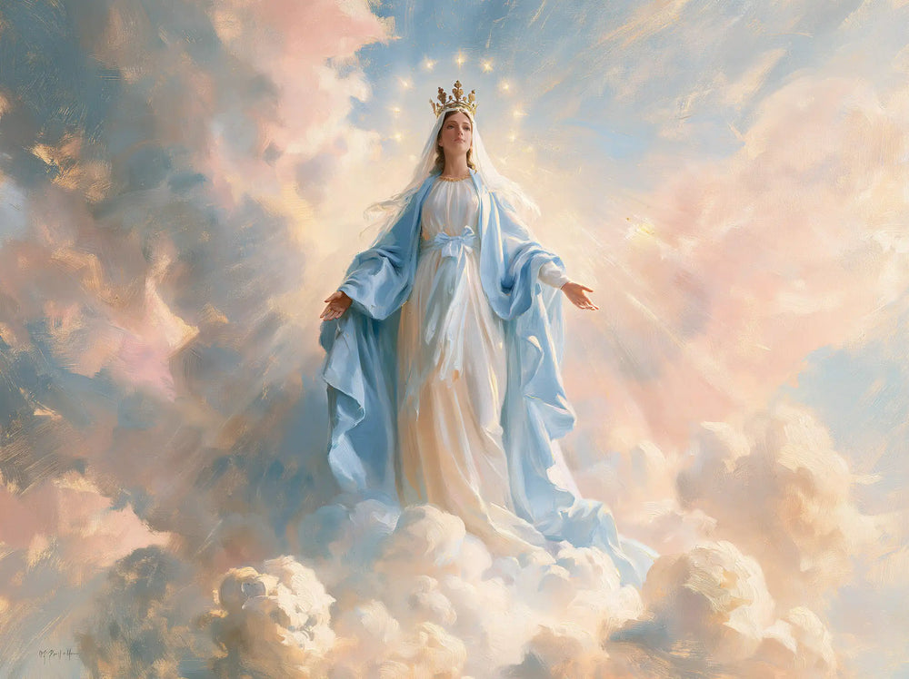 Mary as Queen of Heaven in an impressionist atmosphere in Impressionist style, landscape Christian artwork no. 5