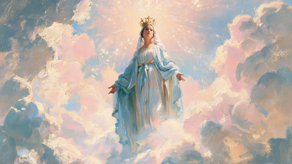 Mary as Queen of Heaven in an impressionist atmosphere in Impressionist style, landscape Christian artwork no. 15