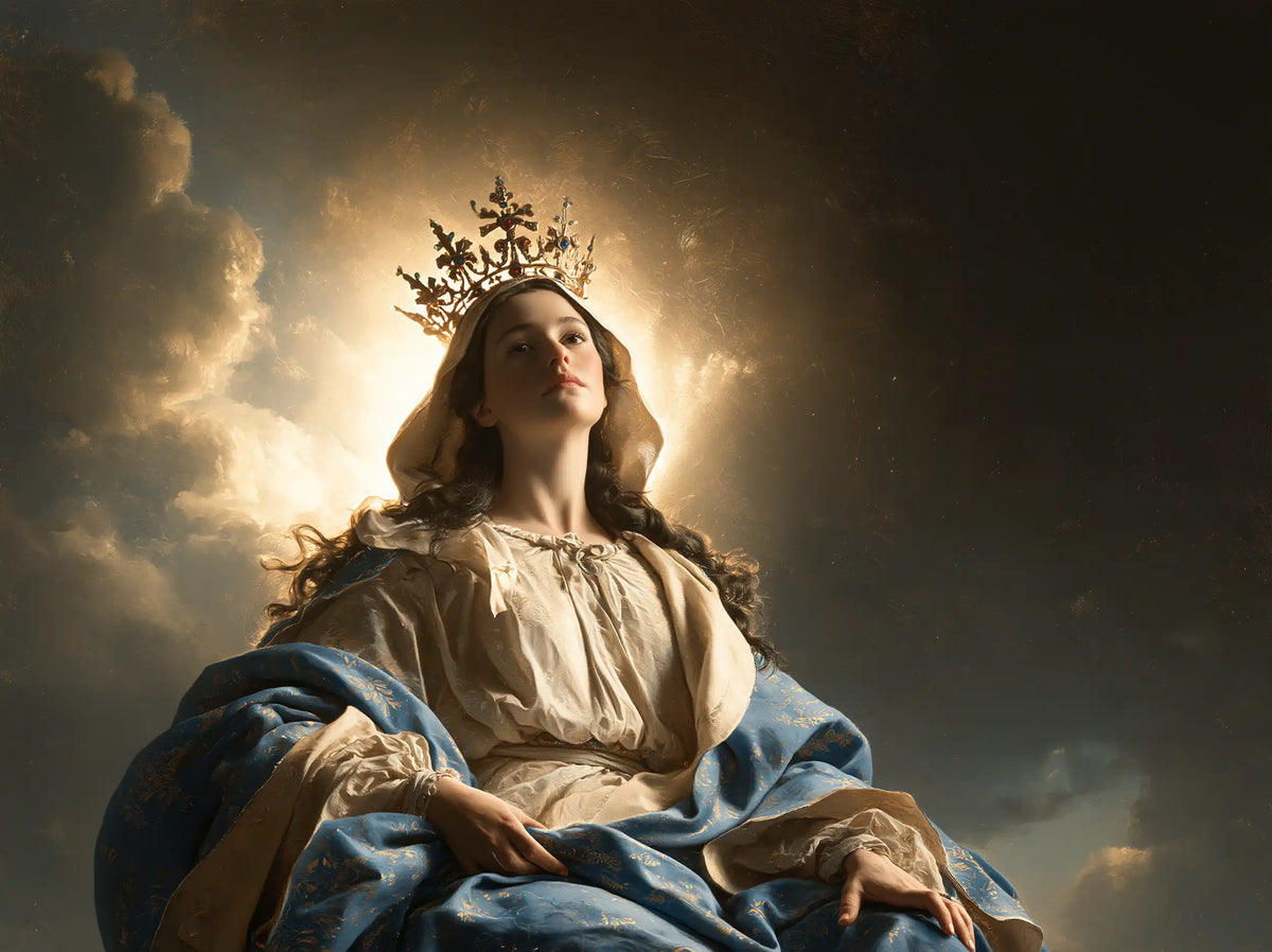 Mary as Queen of Heaven surrounded by divine light in Mary as Divine Light style, landscape Christian artwork no. 1