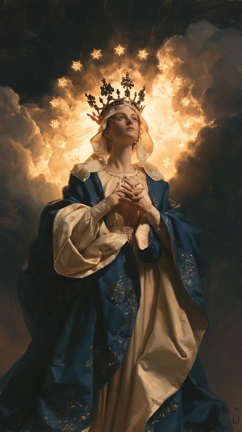 Mary as Queen of Heaven surrounded by divine light in Mary as Divine Light style, portrait Christian artwork no. 2