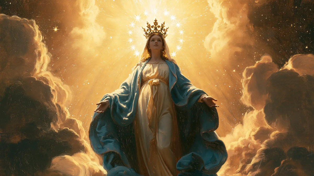 Mary as Queen of Heaven before heavenly light in Mary before Heavenly Light style, landscape Christian artwork no. 8