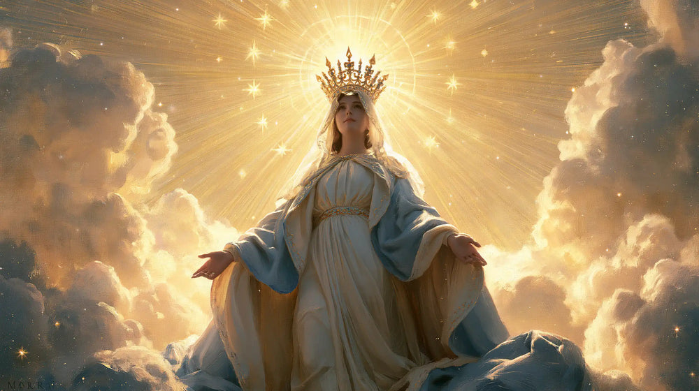 Mary as Queen of Heaven before heavenly light in Mary before Heavenly Light style, landscape Christian artwork no. 16