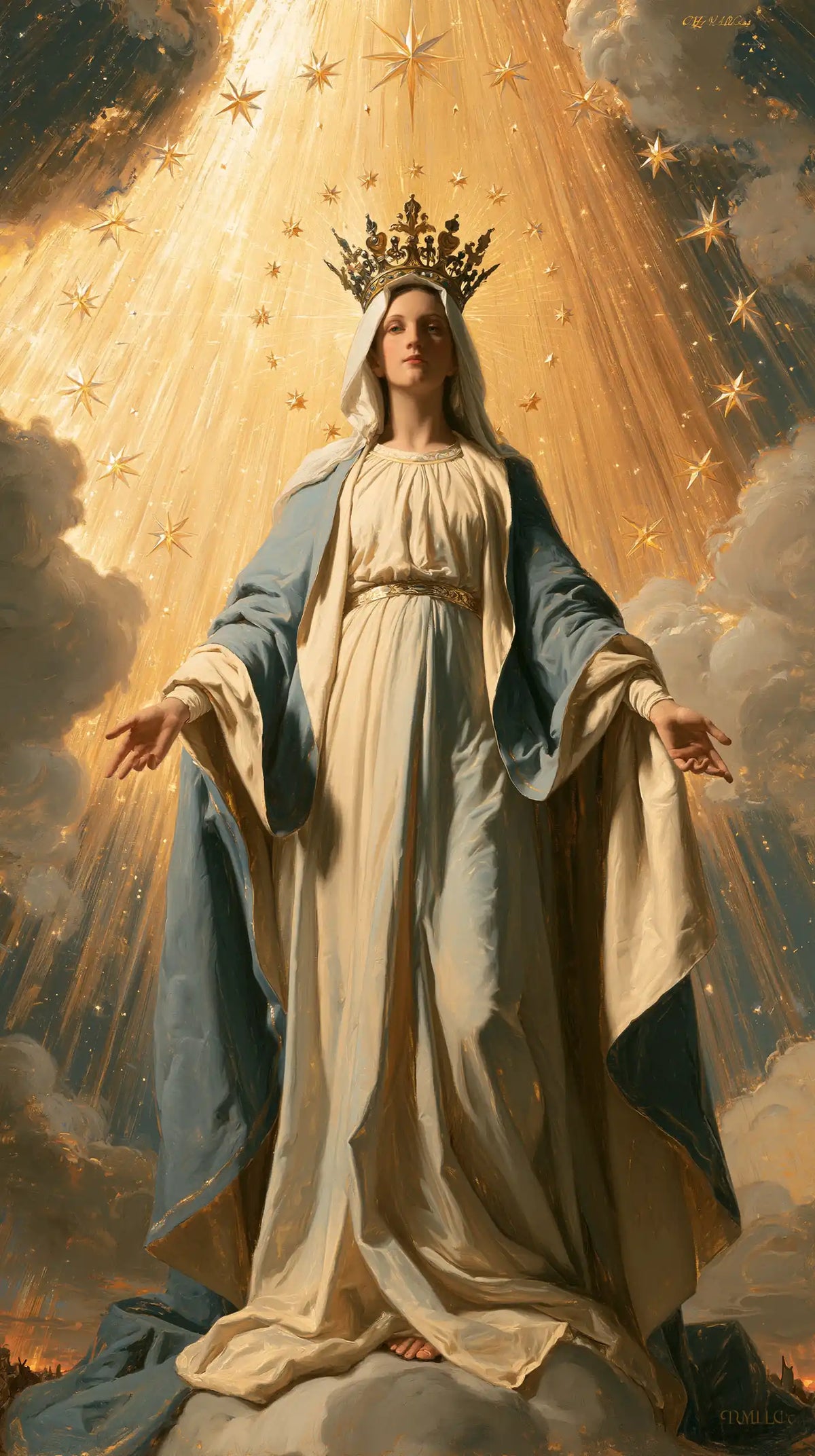 Mary as Queen of Heaven before heavenly light in Mary before Heavenly Light style, portrait Christian artwork no. 2