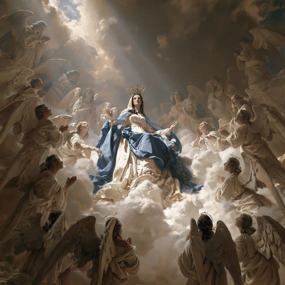 Mary as Queen of Heaven surrounded by angels in Mary Surrounded by Angels style, square Christian artwork no. 1