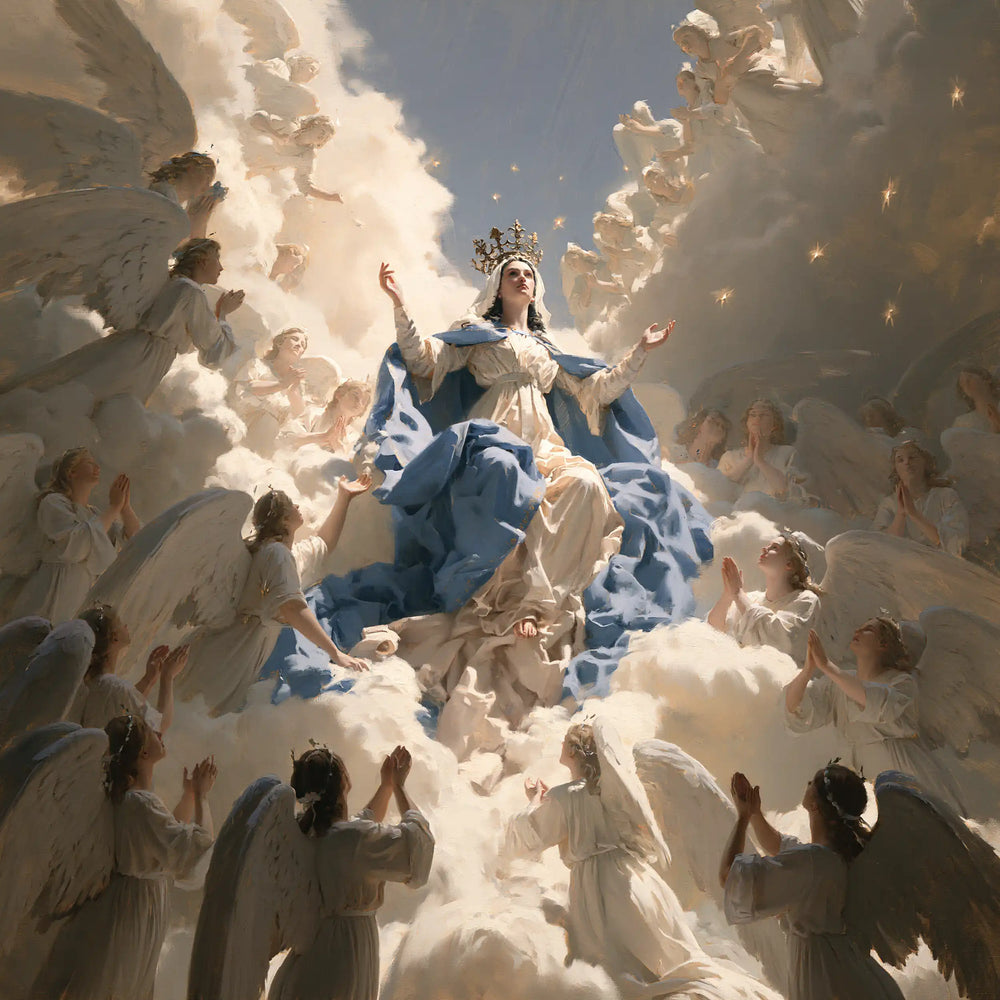 Mary as Queen of Heaven surrounded by angels in Mary Surrounded by Angels style, square Christian artwork no. 4