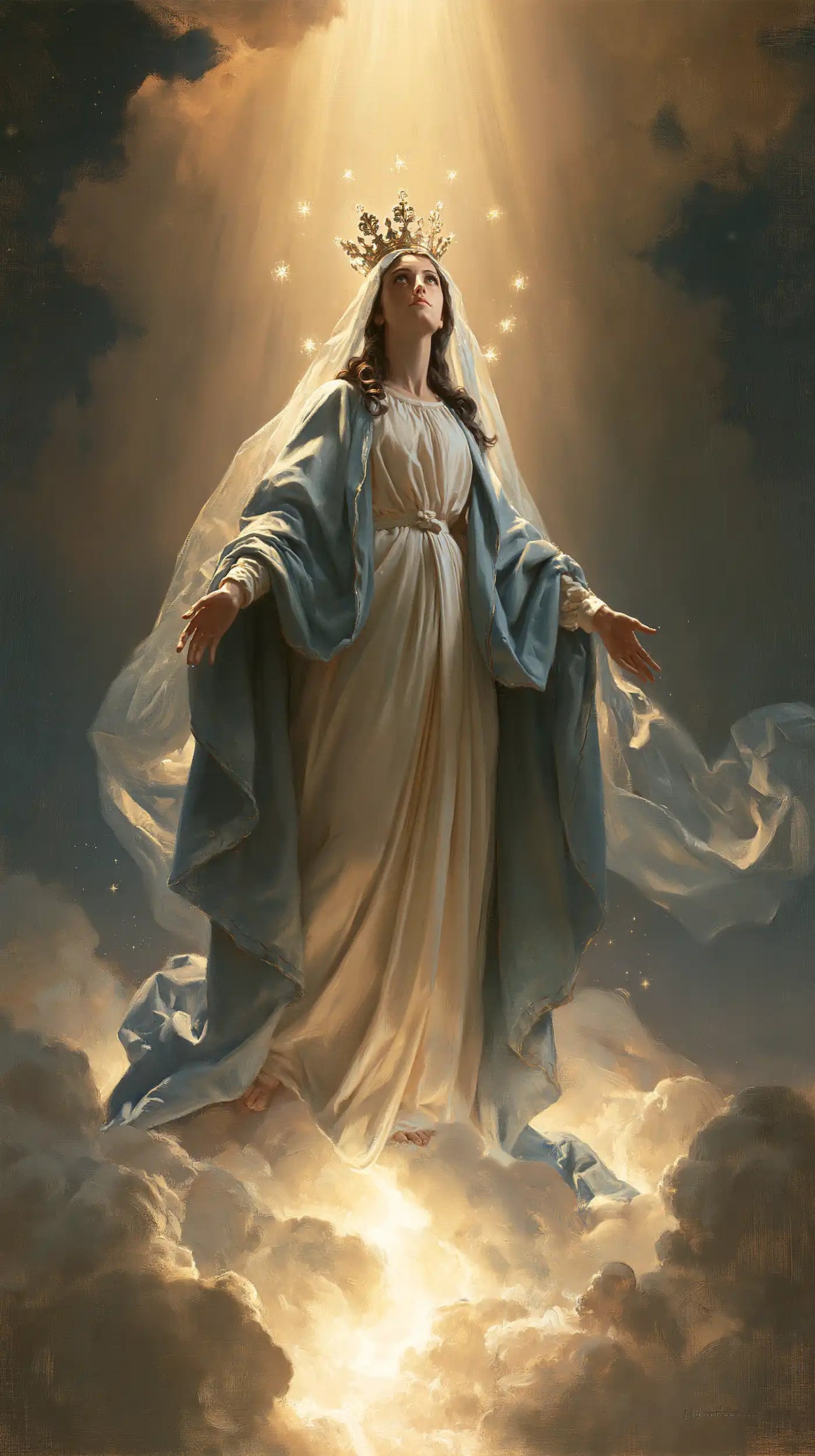 Mary, Queen of Heaven — The Looped Veil Above the Glowing Clouds