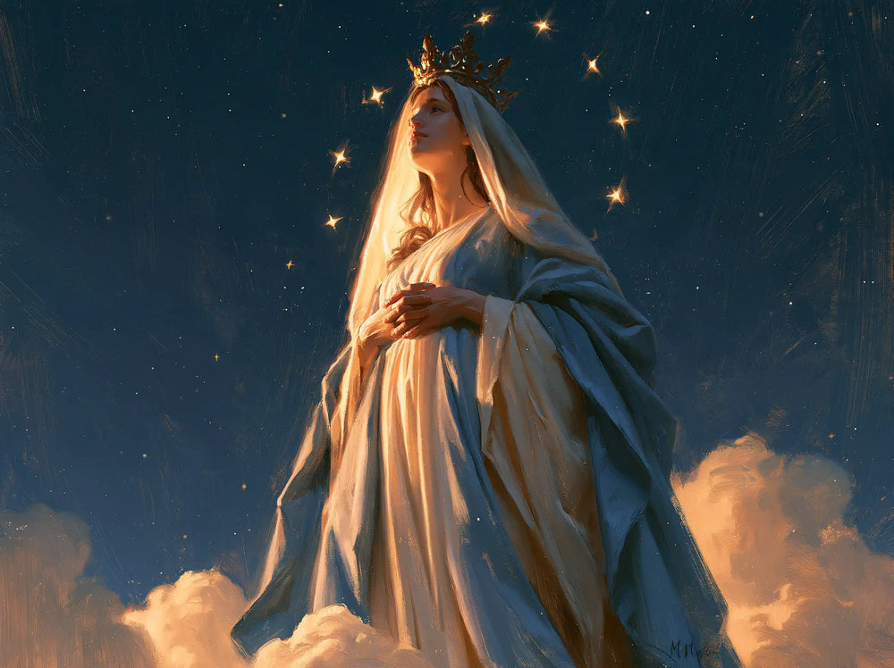 Mary as Queen of Heaven in midnight-blue chiaroscuro in Midnight Blue Chiaroscuro style, landscape Christian artwork no. 5