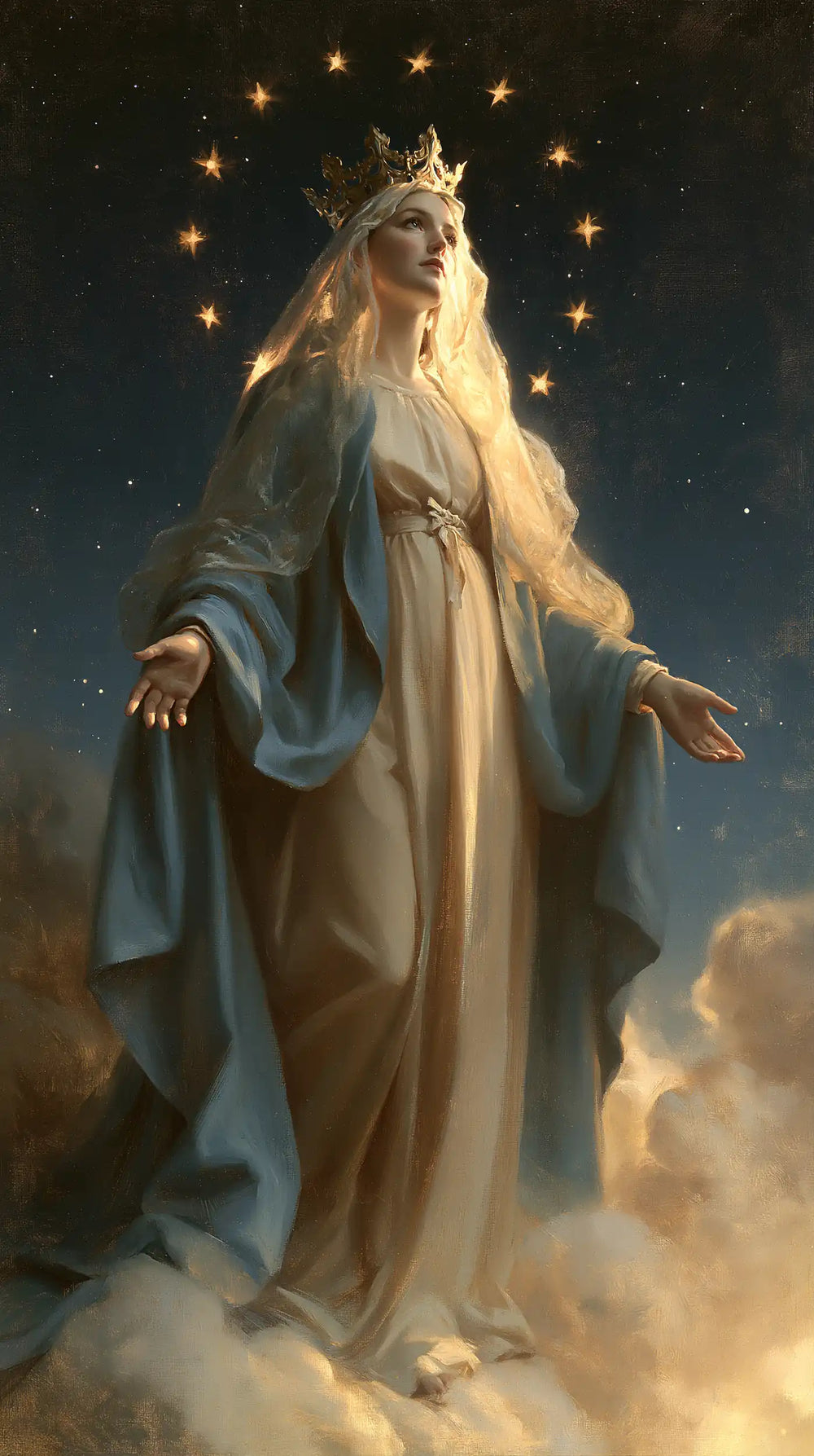 Mary as Queen of Heaven in midnight-blue chiaroscuro in Midnight Blue Chiaroscuro style, portrait Christian artwork no. 4