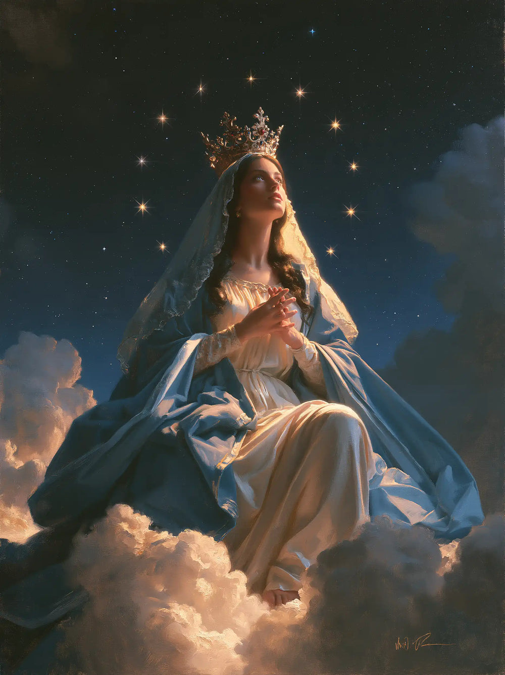 Mary as Queen of Heaven in midnight-blue chiaroscuro in Midnight Blue Chiaroscuro style, portrait Christian artwork no. 20