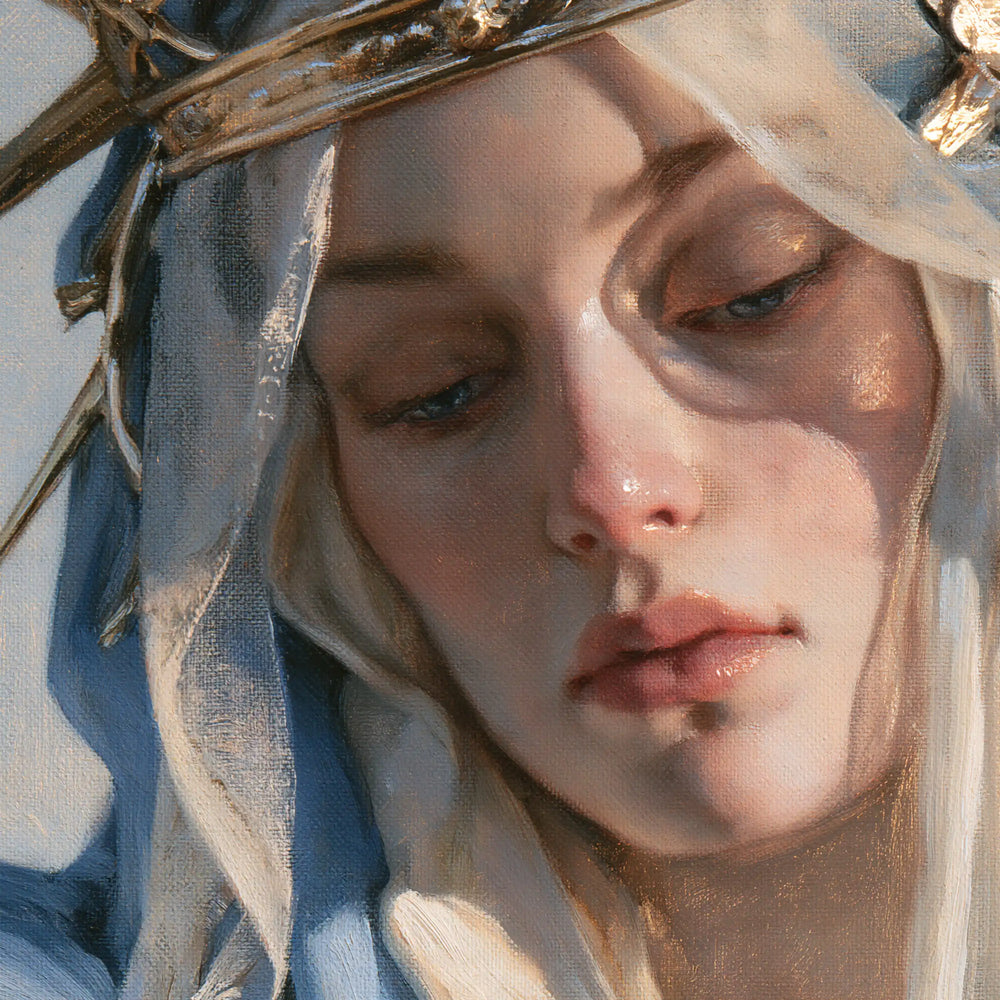 a close portrait of Mary as Queen of Heaven in Psychological Close-Up style, square Christian artwork no. 6