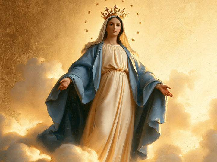 Mary, Queen of Heaven — The Honey Robe Beneath Open Folds