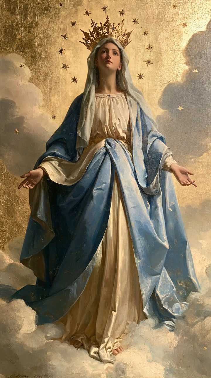 Mary, Queen of Heaven — The Crossed Drapery Beneath the Ascending Gaze