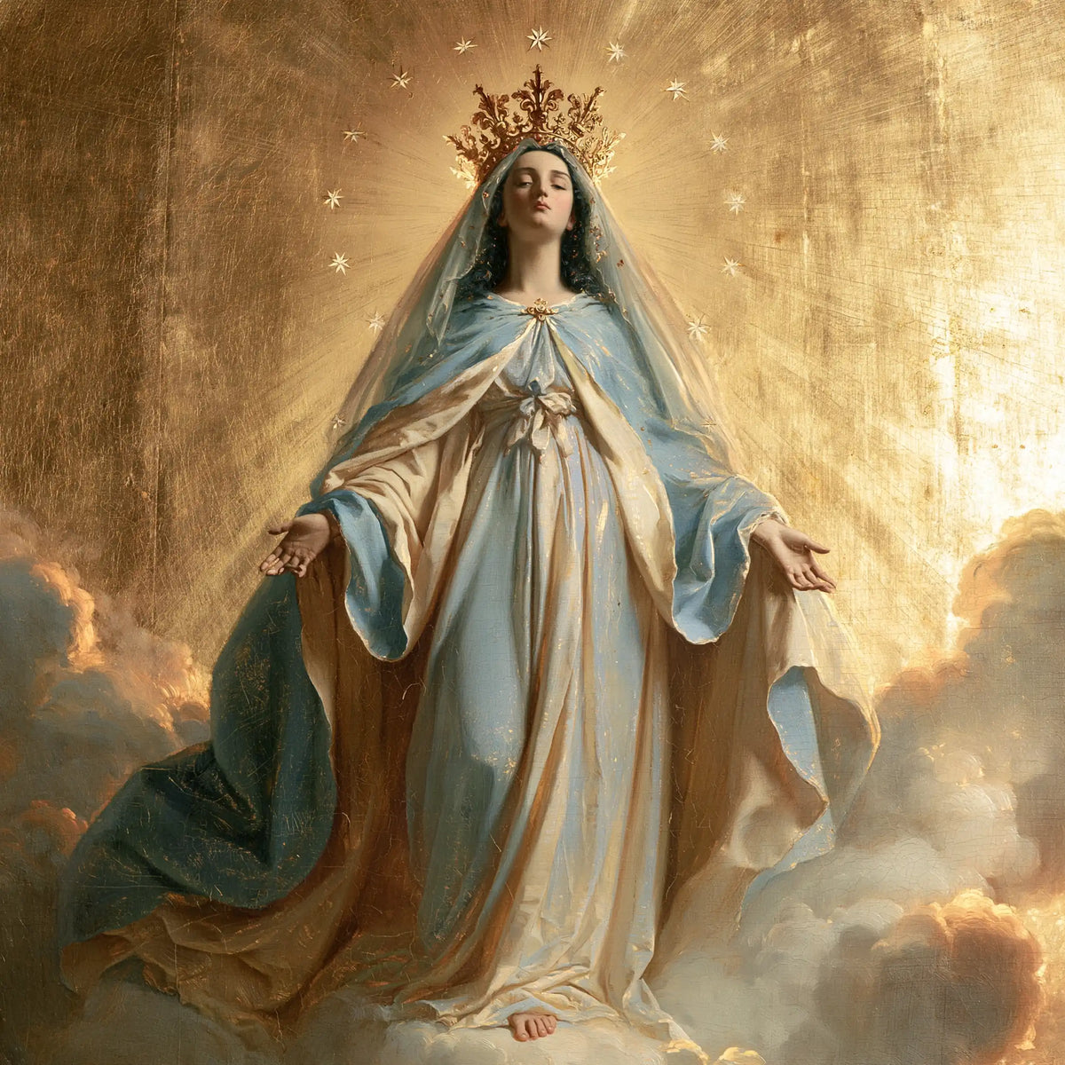 Mary crowned as Queen of Heaven in Sacred Gold style, square Christian artwork no. 1