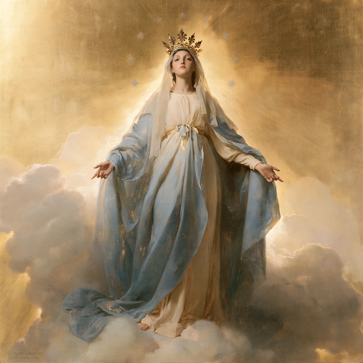 Mary crowned as Queen of Heaven in Sacred Gold style, square Christian artwork no. 5
