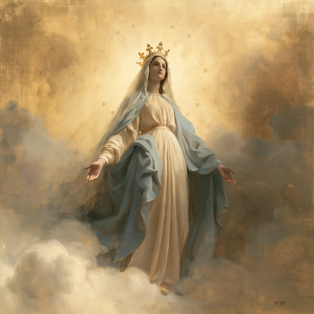 Mary crowned as Queen of Heaven in Sacred Gold style, square Christian artwork no. 8