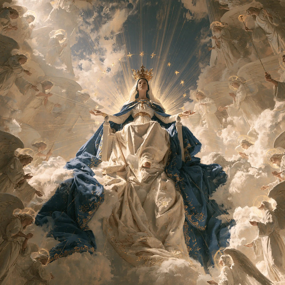 Mary as Queen of Heaven in a monumental sacred view in Sacred Monumental View style, square Christian artwork no. 1