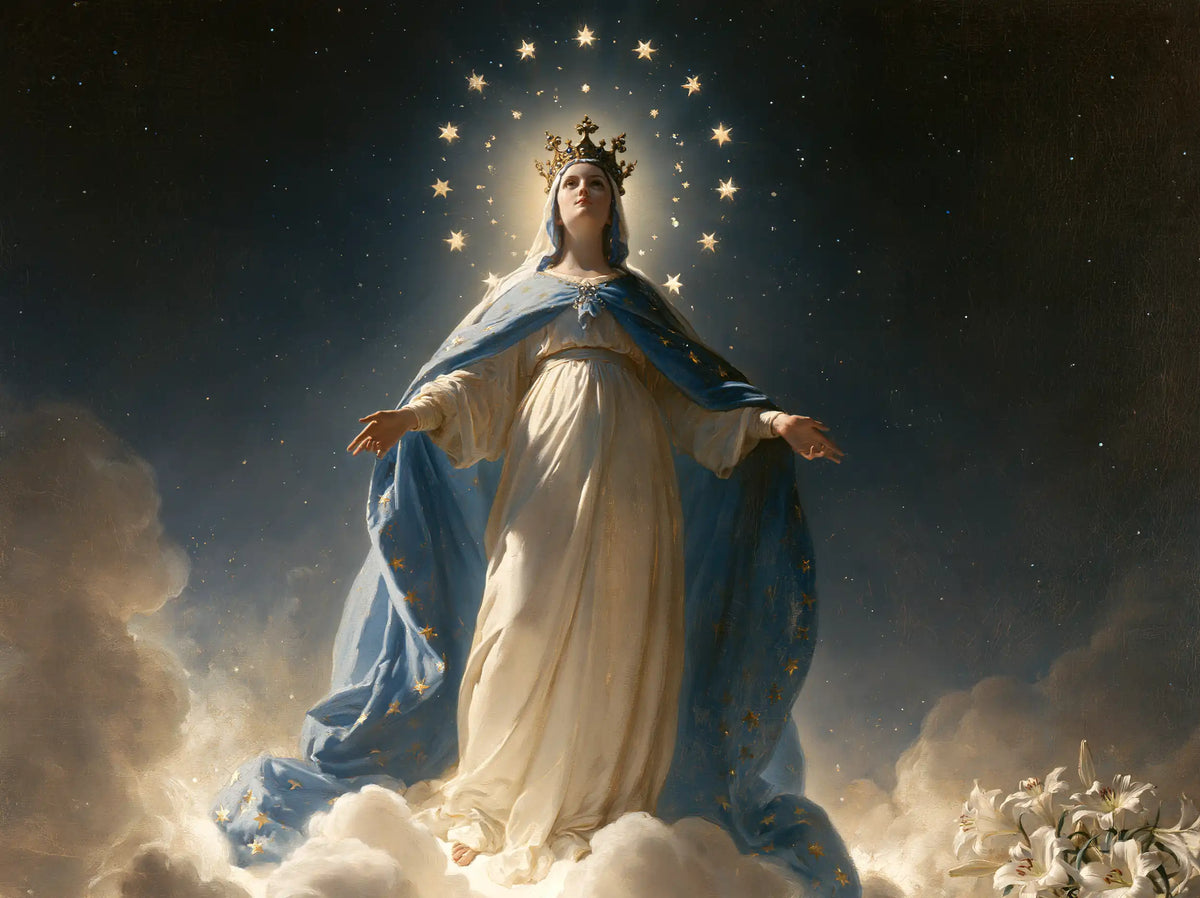 Mary as Queen of Heaven in a symbolist composition in Symbolist style, landscape Christian artwork no. 2